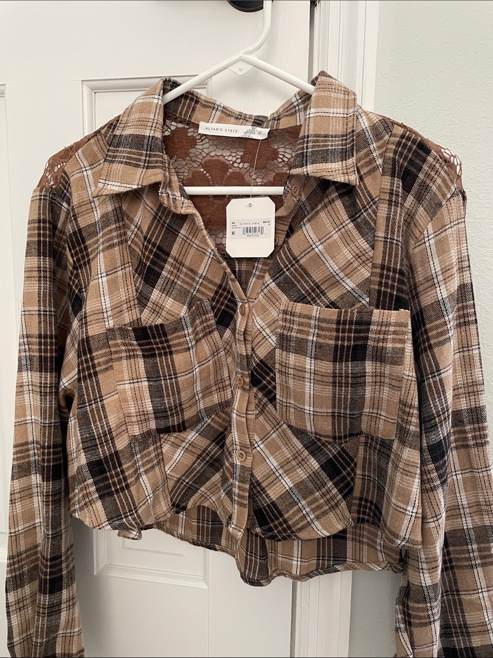Altar'd State Brown & Black Plaid Button-Front Jean Jacket with Lace Back